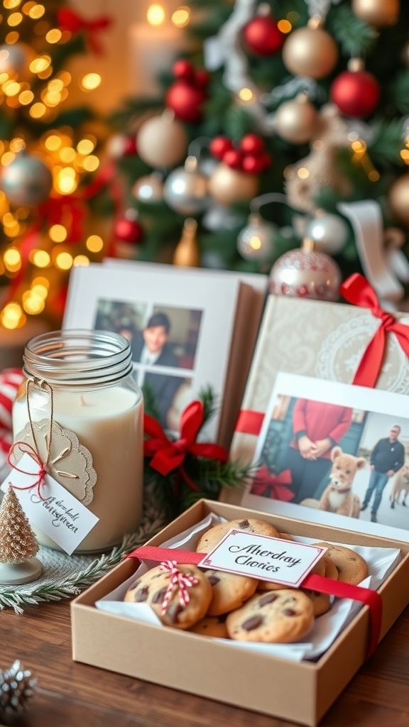Homemade Christmas gifts including candles, a photo album, and cookies on a festive table.